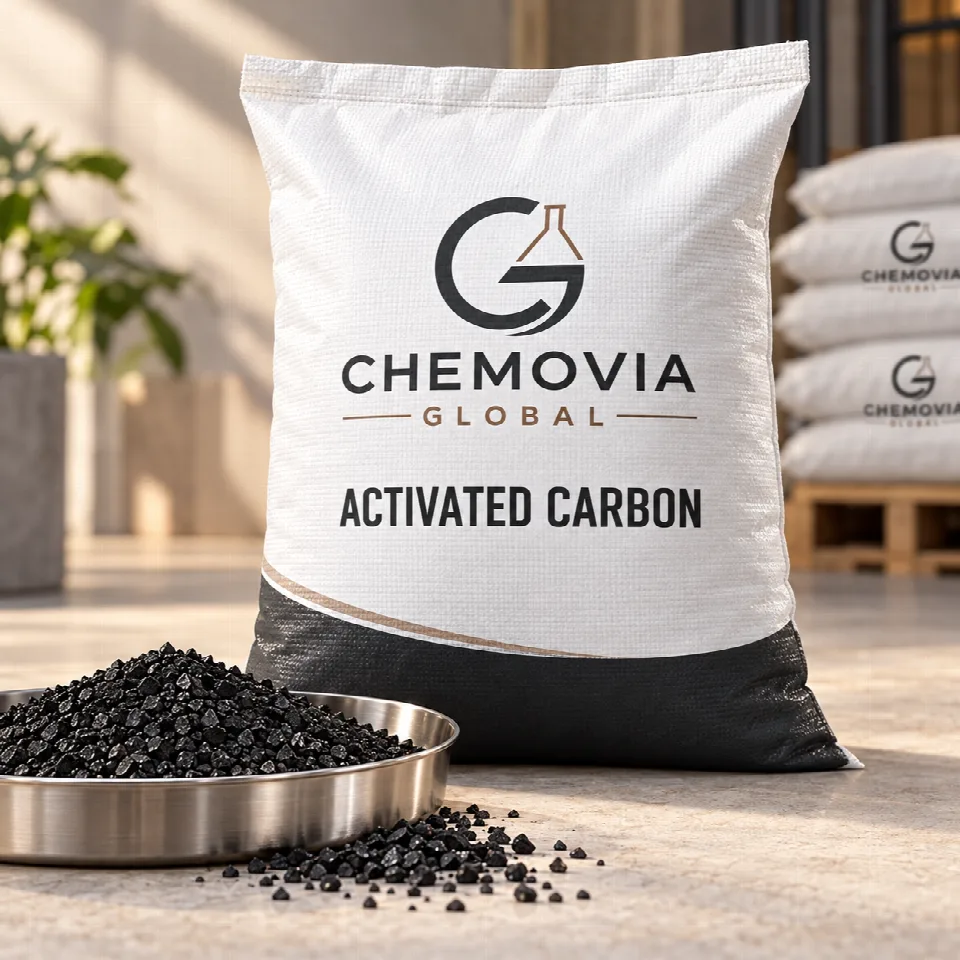 Chemovia-branded packaging mockup for Activated Carbon