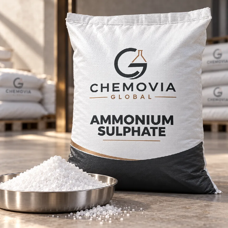Chemovia-branded packaging mockup for Ammonium Sulphate