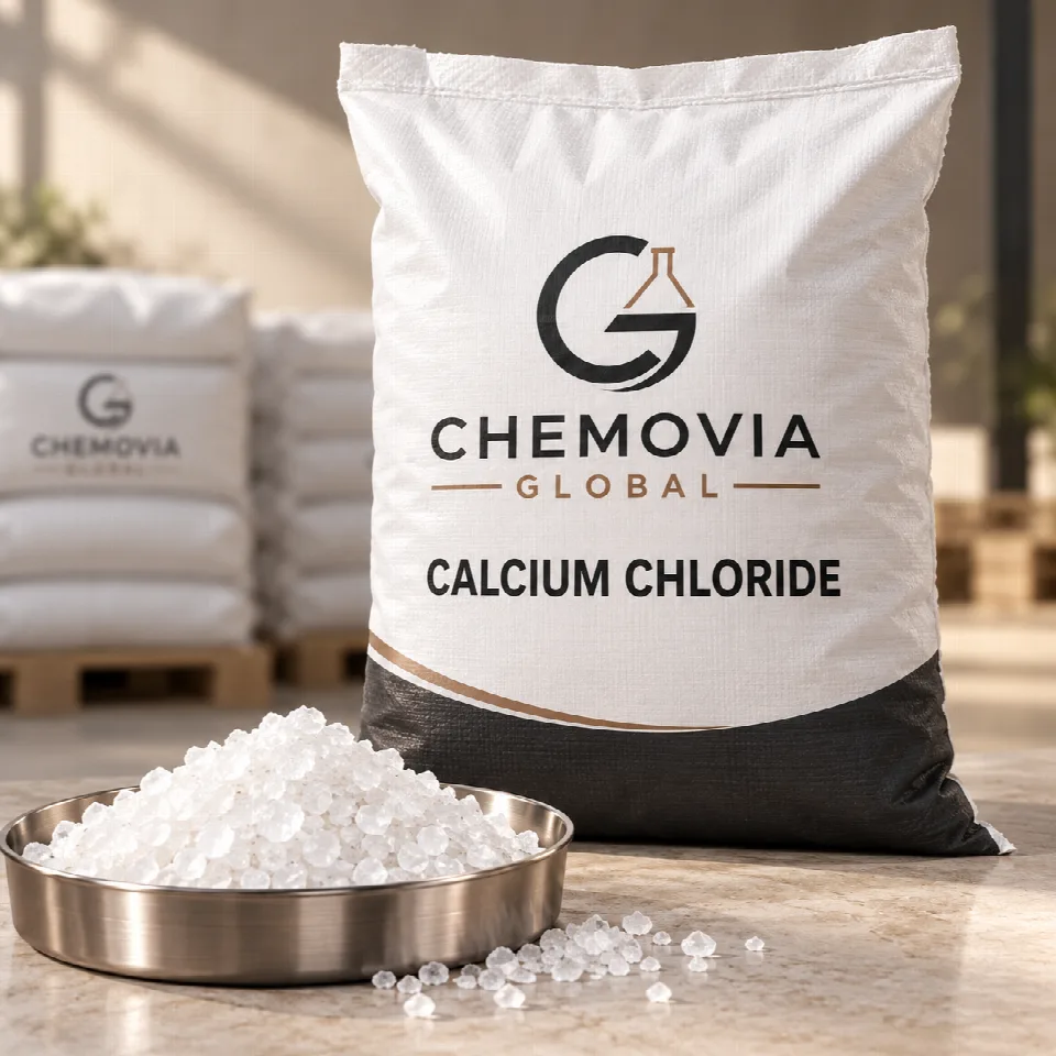 Chemovia-branded packaging mockup for Calcium Chloride