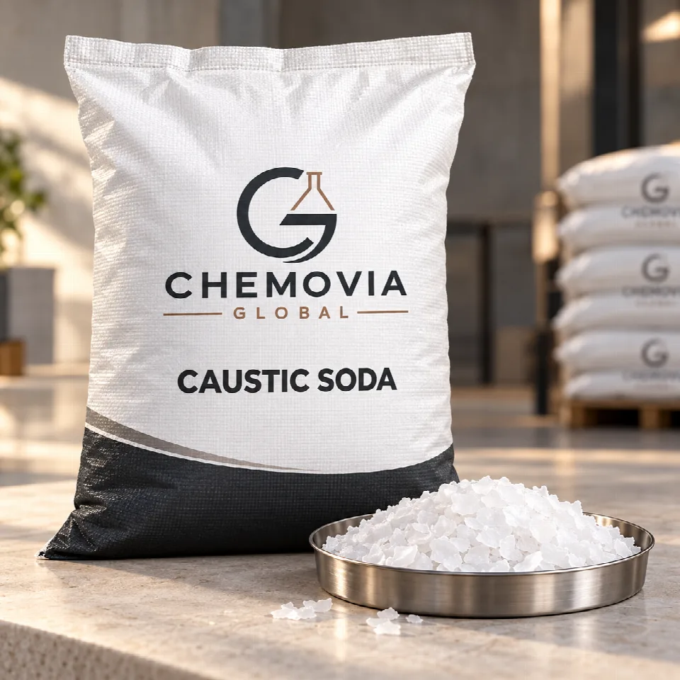 Chemovia-branded packaging mockup for Caustic Soda