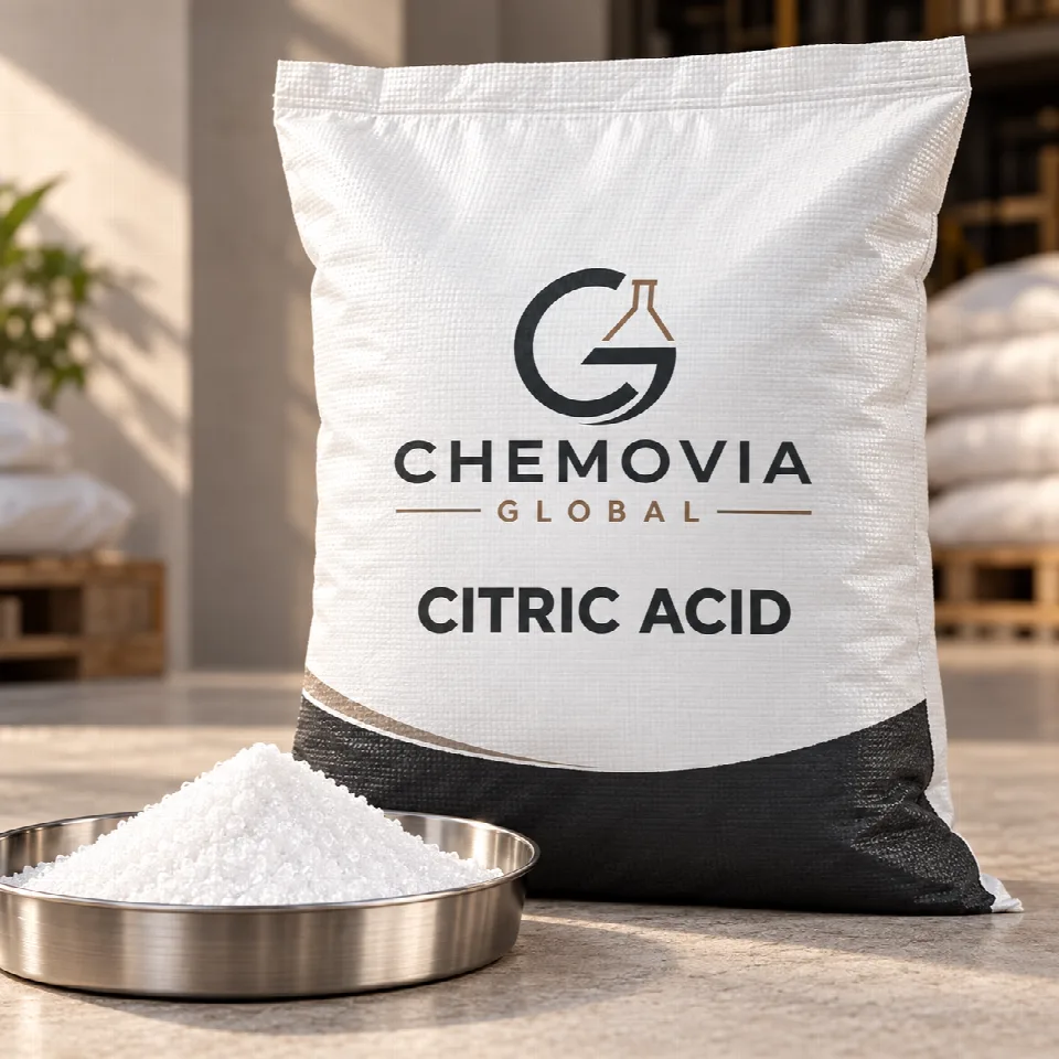 Chemovia-branded packaging mockup for Citric Acid