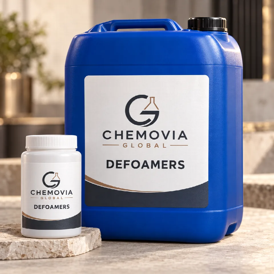 Chemovia-branded packaging mockup for Defoamers