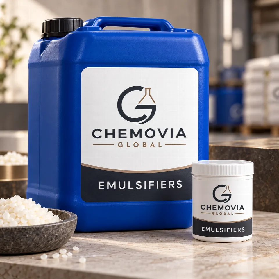 Chemovia-branded packaging mockup for Emulsifiers