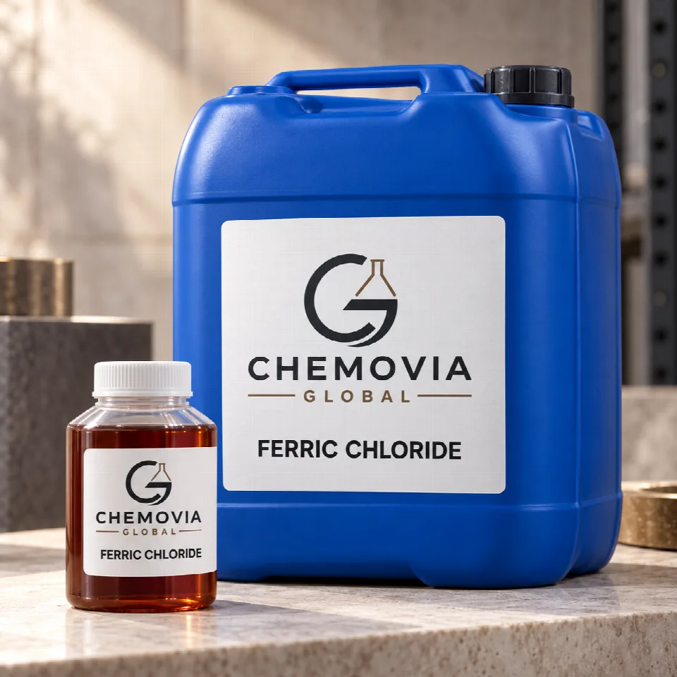 Chemovia-branded packaging mockup for Ferric Chloride