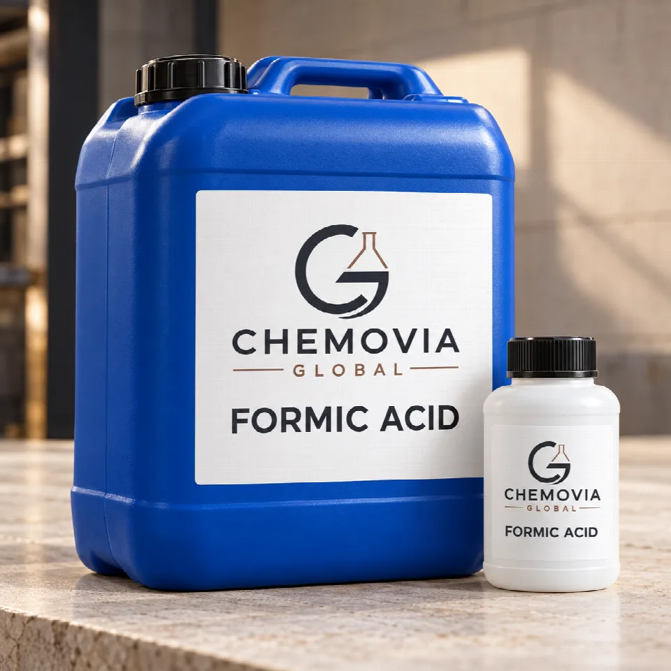 Chemovia-branded packaging mockup for Formic Acid