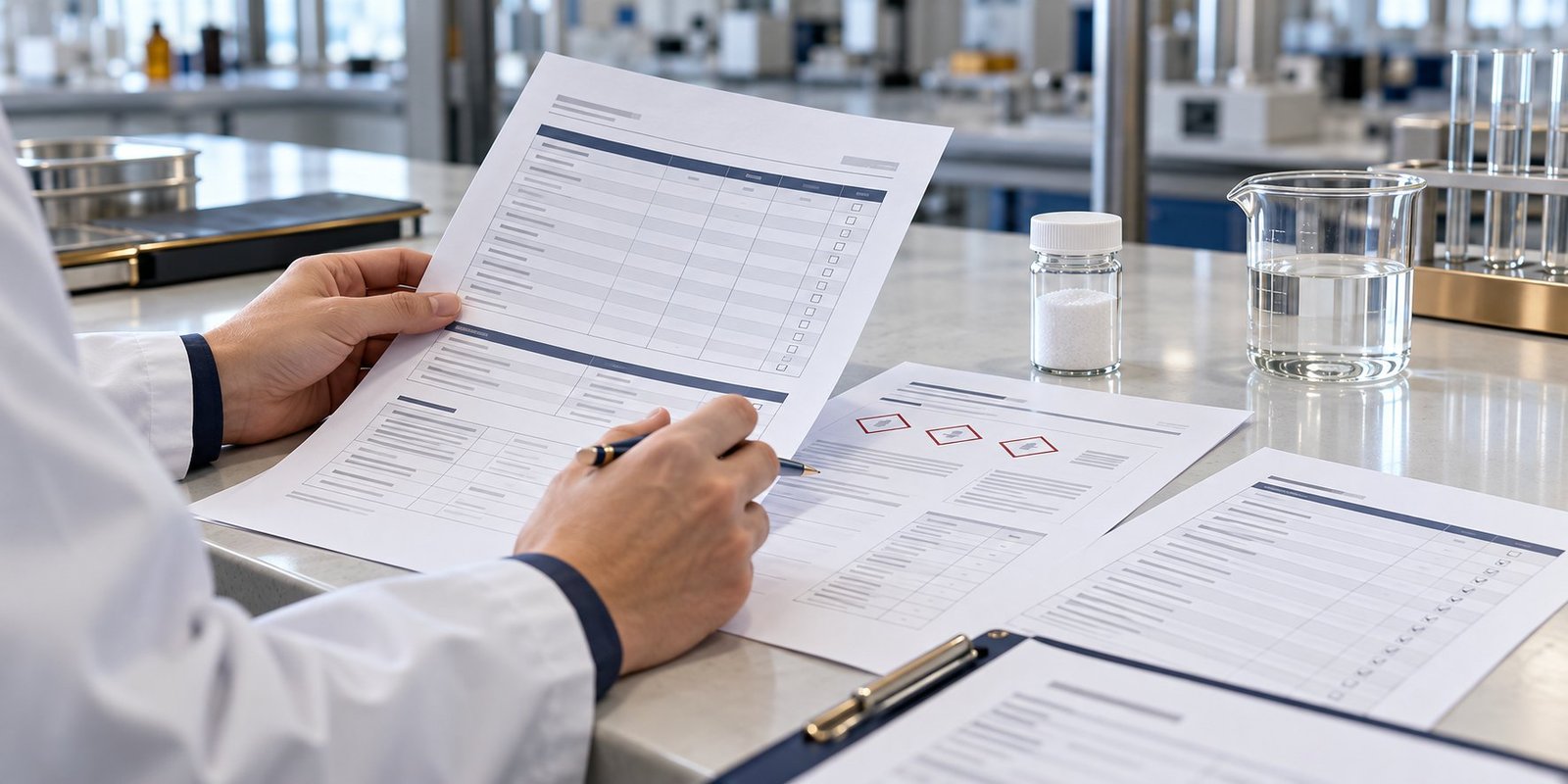 Chemical quality analyst reviewing a specification sheet and safety paperwork beside a sample vial