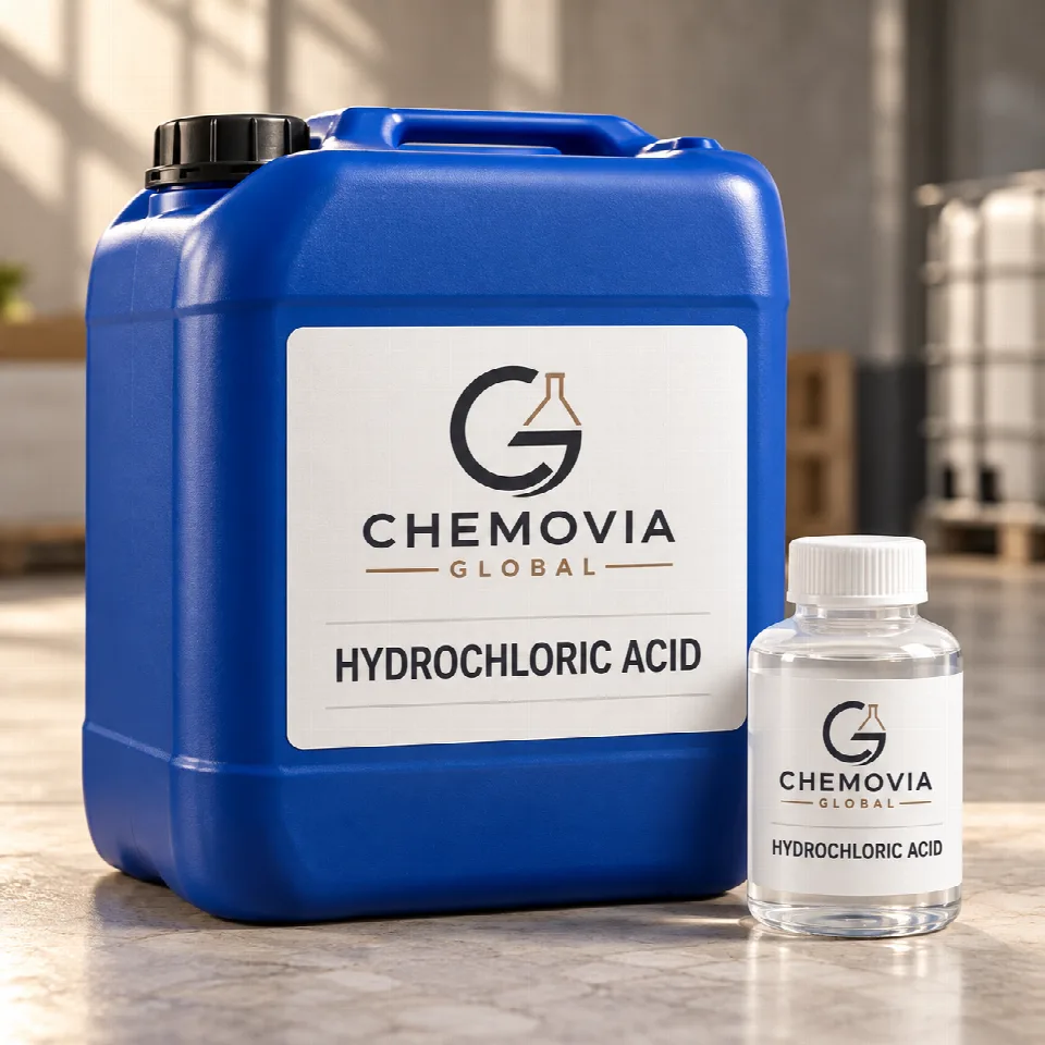 Chemovia-branded packaging mockup for Hydrochloric Acid