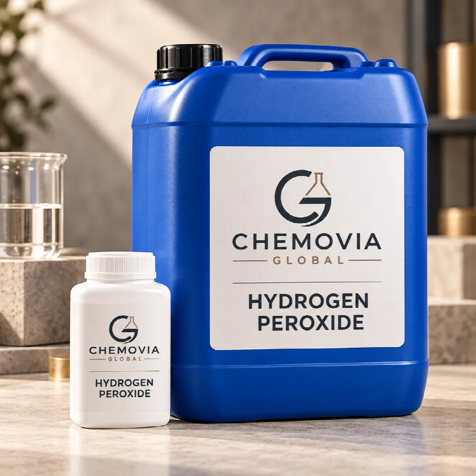 Chemovia-branded packaging mockup for Hydrogen Peroxide