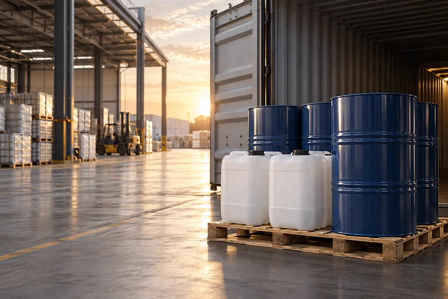 Chemical drums and containers prepared in a logistics warehouse