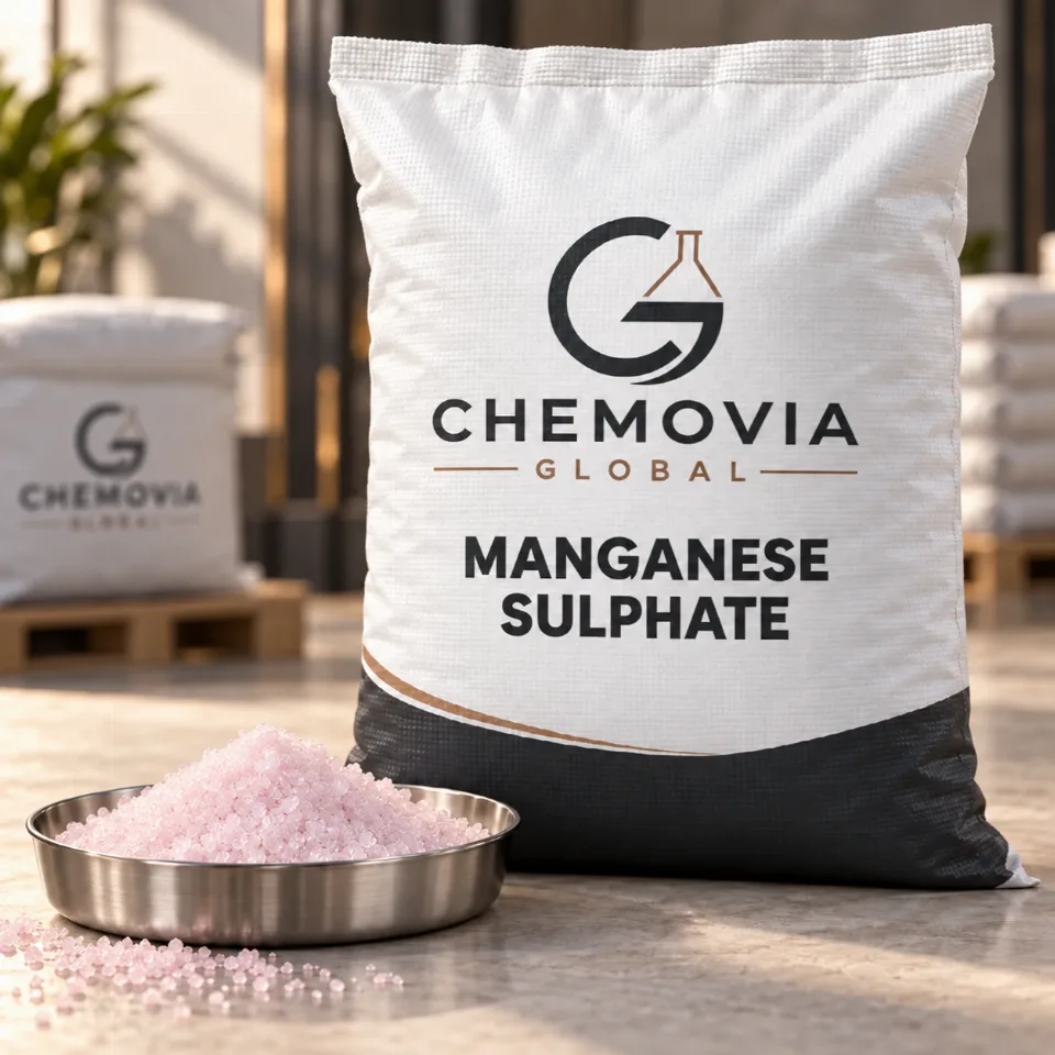 Chemovia-branded packaging mockup for Manganese Sulphate