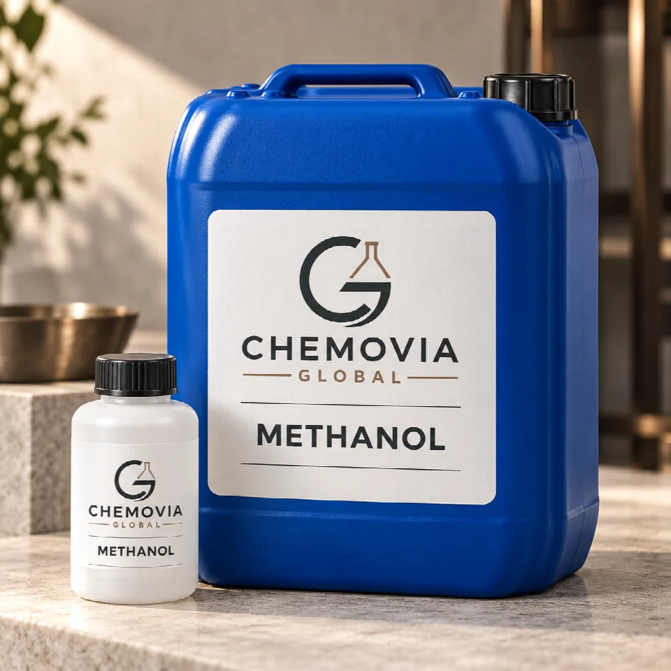 Chemovia-branded packaging mockup for Methanol