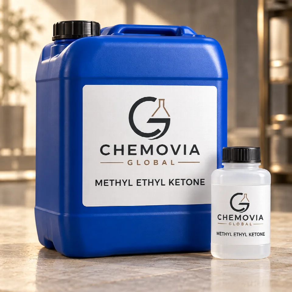 Chemovia-branded packaging mockup for Methyl Ethyl Ketone or MEK