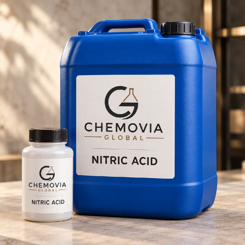 Chemovia-branded packaging mockup for Nitric Acid