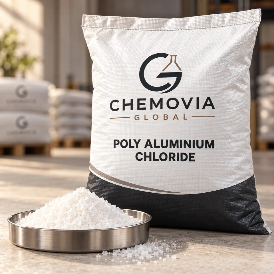 Chemovia-branded packaging mockup for Poly Aluminium Chloride or PAC