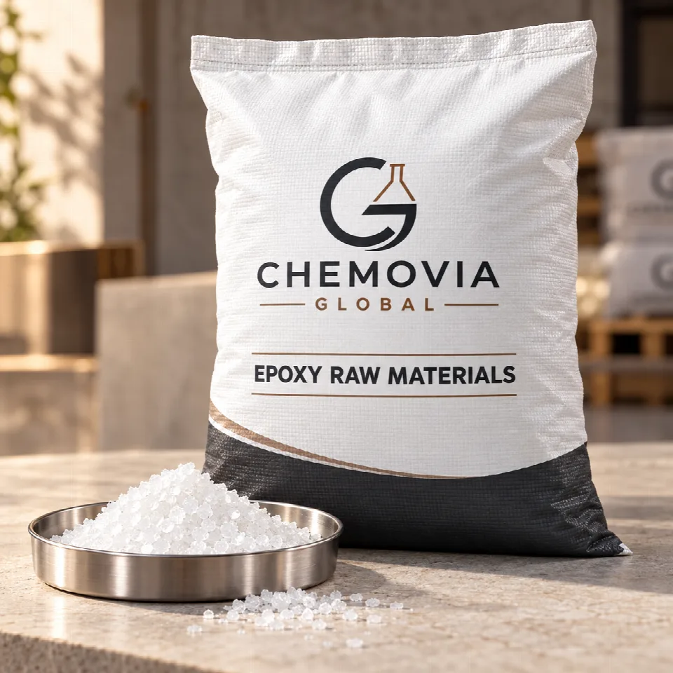Chemovia-branded packaging mockup for Selected Epoxy-related Raw Materials