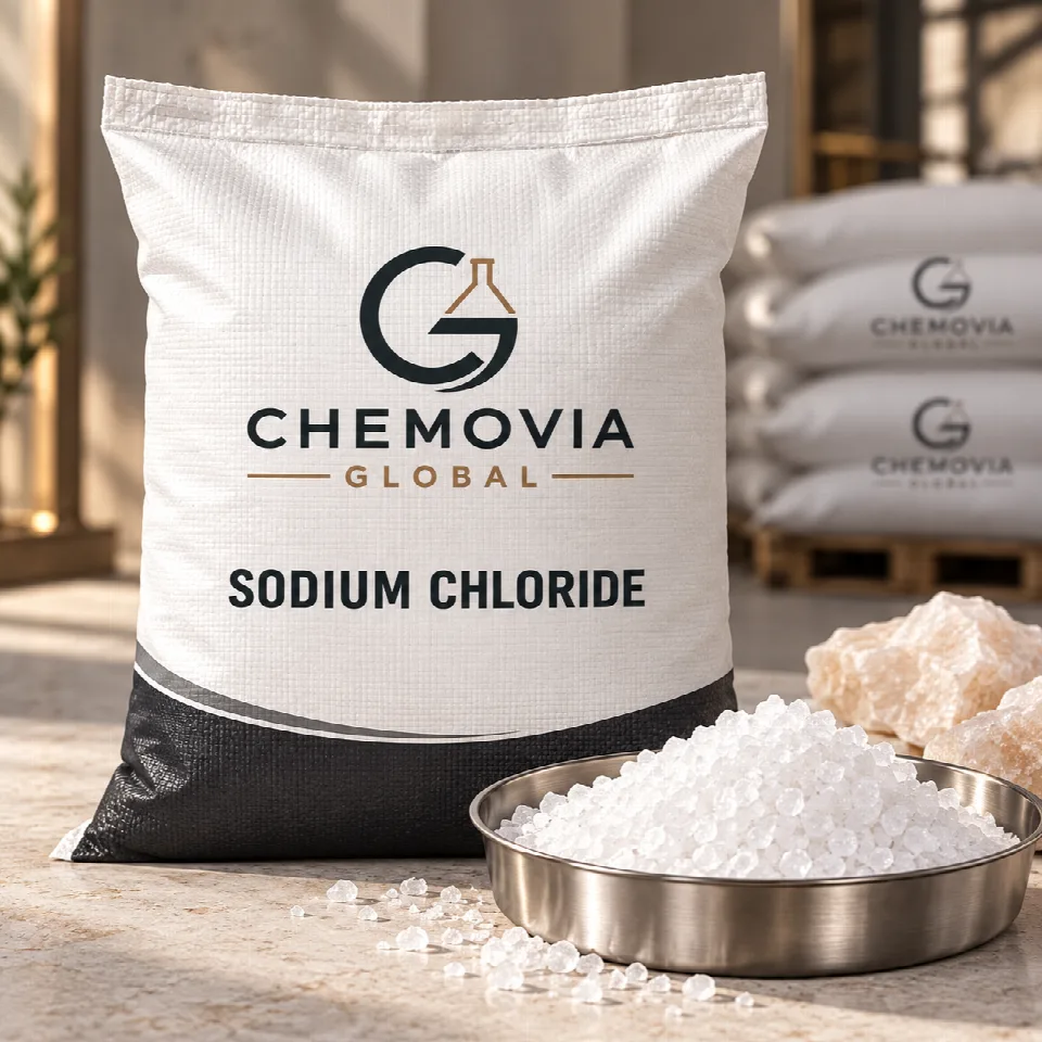 Chemovia-branded packaging mockup for Sodium Chloride including Rock Salt enquiries