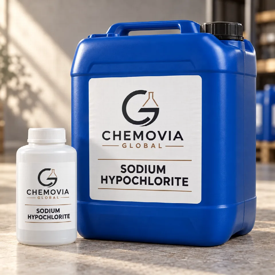 Chemovia-branded packaging mockup for Sodium Hypochlorite
