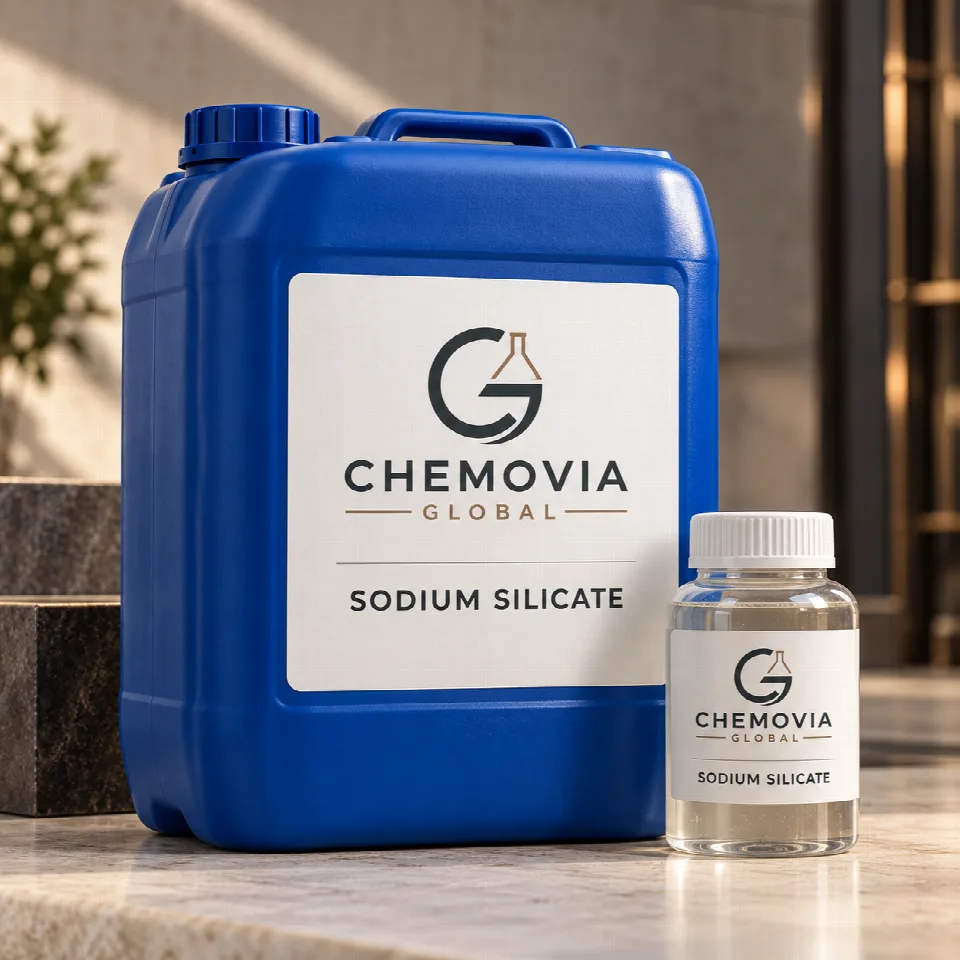 Chemovia-branded packaging mockup for Sodium Silicate