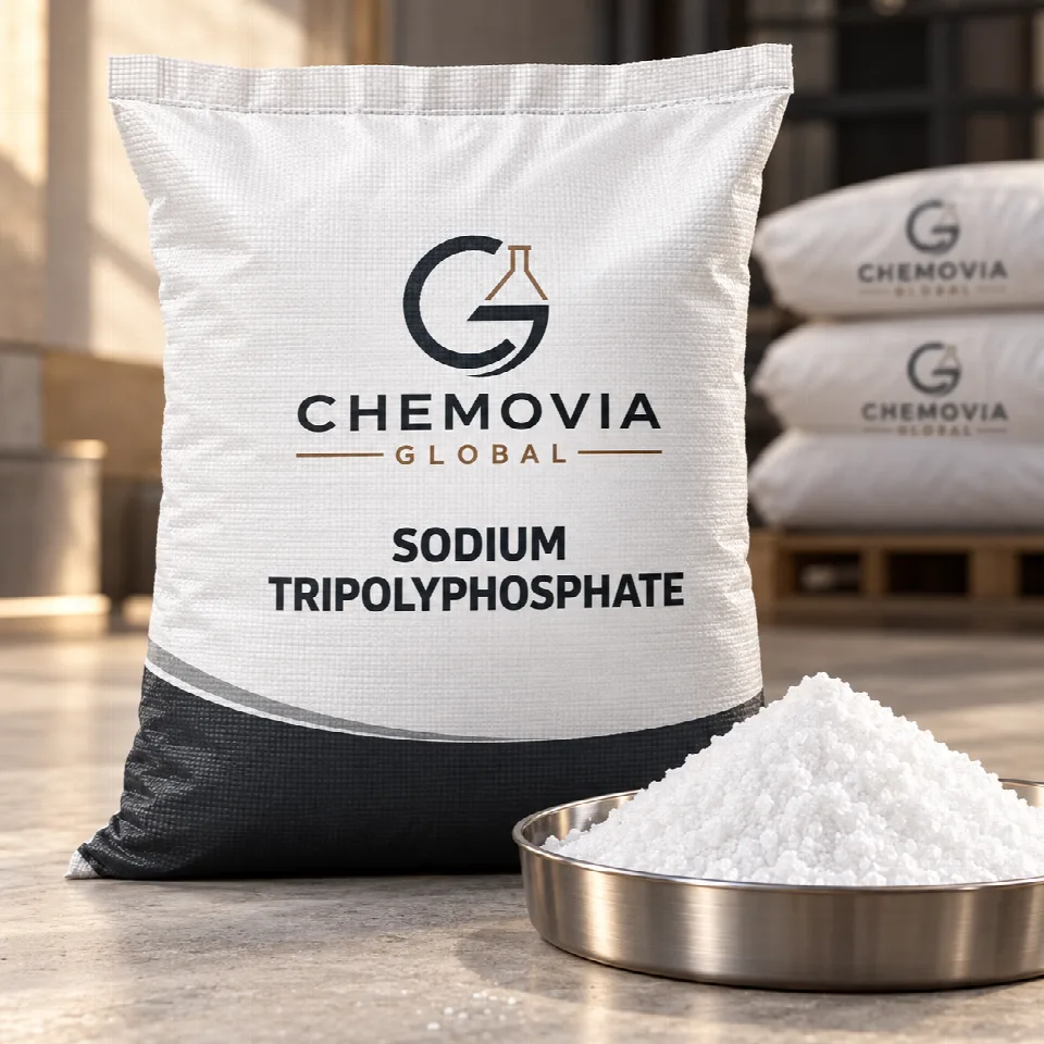 Chemovia-branded packaging mockup for Sodium Tripolyphosphate or STPP