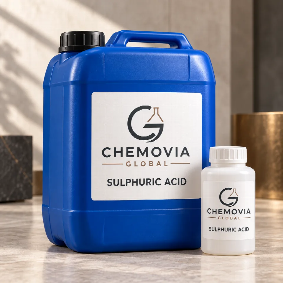 Chemovia-branded packaging mockup for Sulphuric Acid