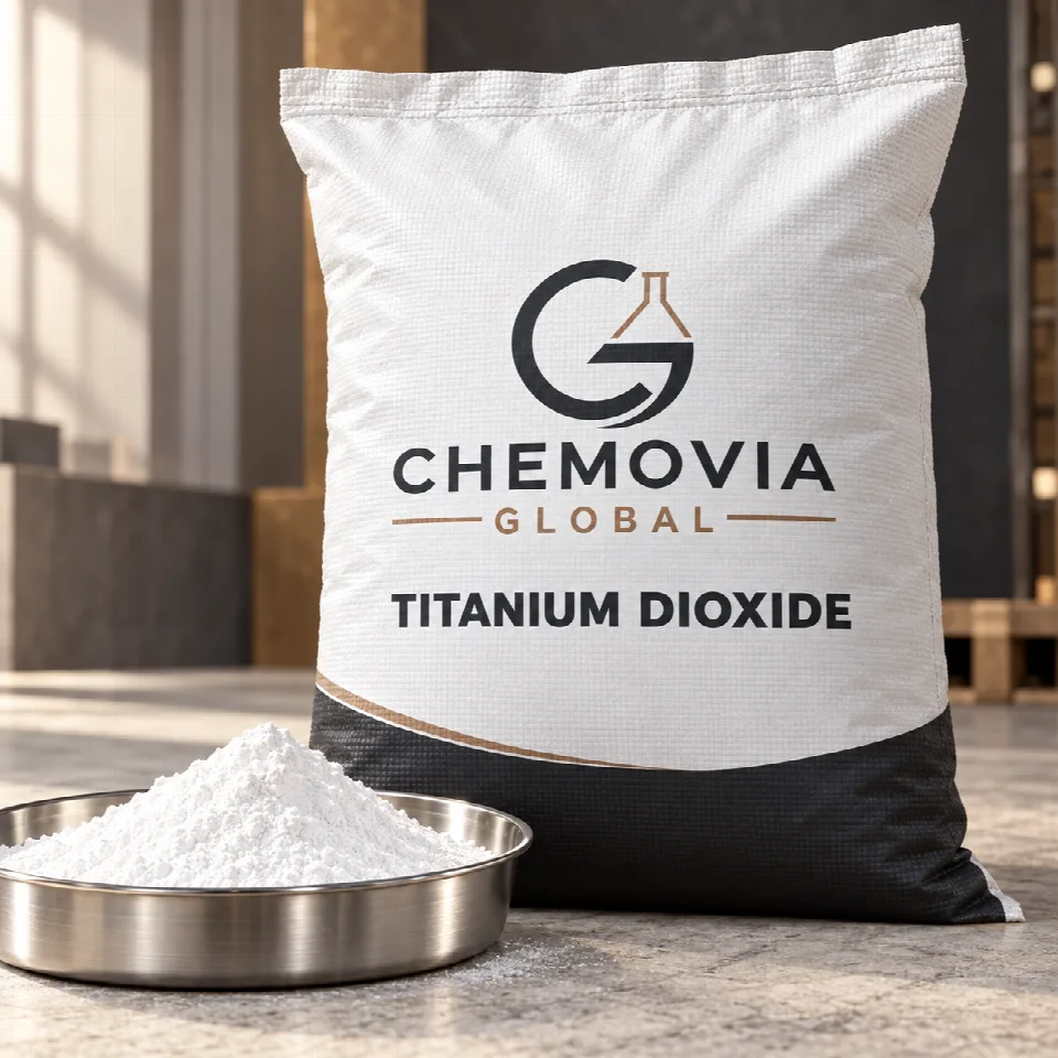 Chemovia-branded packaging mockup for Titanium Dioxide